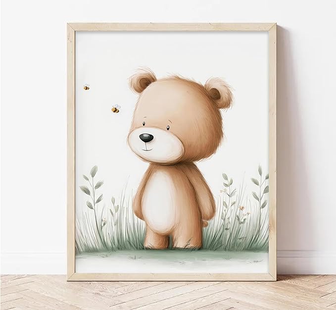 3Pcs Cute Bear Nursery Wall Art Cute Animals Flower Painting Picture Wall Decor Boho Teddy Bear Poster Print Artwork for Children Room Baby Room Nursery Boy Room Girl Room Home Decoration