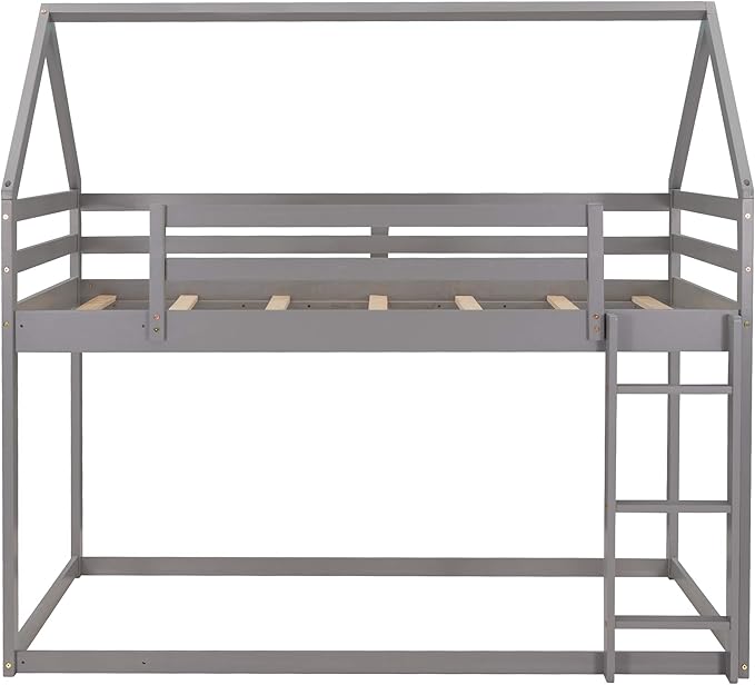 MERITLINE House Shaped Bunk Bed Twin Over Twin Size Wood Bunk Bed Frame Low Bunk Beds for Kids and Toddlers, Twin Size,Grey