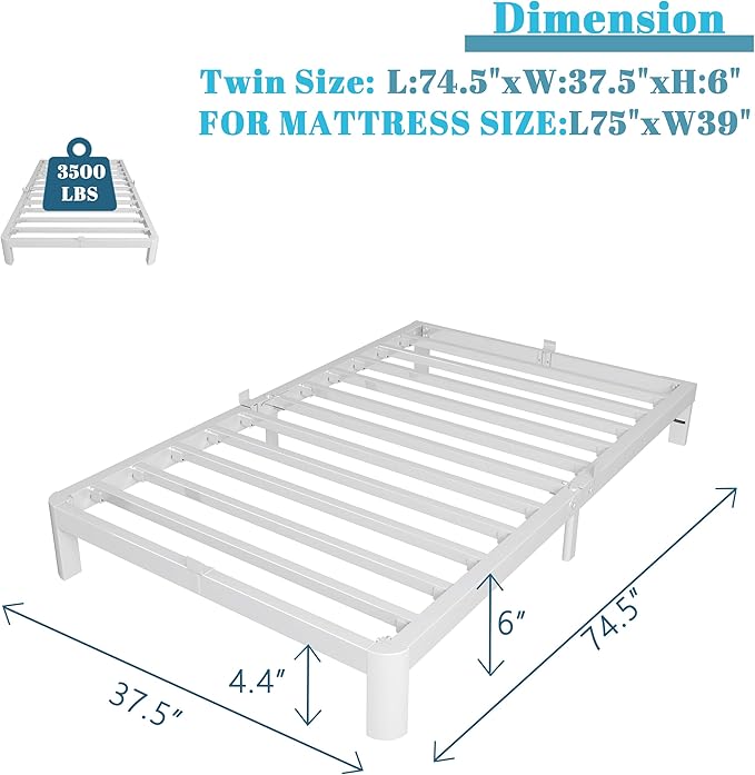 Twin Bed Frames 6 Inch, White Twin Size Bed Frame with Metal Gaskets, No Box Spring Need, Heavy Duty Steel Platform Support, Round Corner Desgin, Easy Assembly, Noiseless