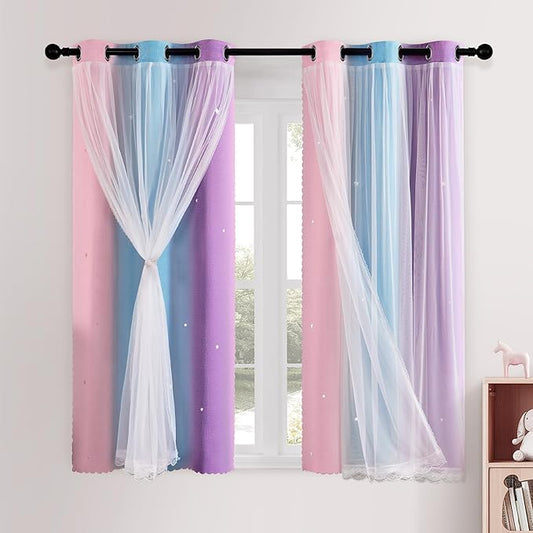 XiDi Rainbow Curtains for Girls Bedroom Double Layer Blackout Curtains Grommets Top Star Cutout Ombre Window Drapes with Sheer for Living Room Kids Nursery 2 Panels 42x63 Inch Length, Pink Purle