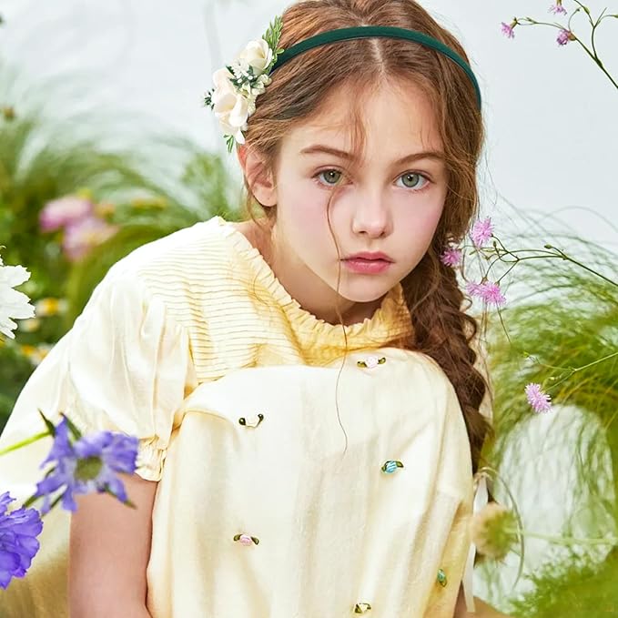 Flower Headbands for Girls Kids Toddlers Rose Floral Headpiece Non Slip Elegant Wedding Flower Crown Hairband Spring Summer Fashion Cloth Headdress Accessories for Birthday Party (Green)
