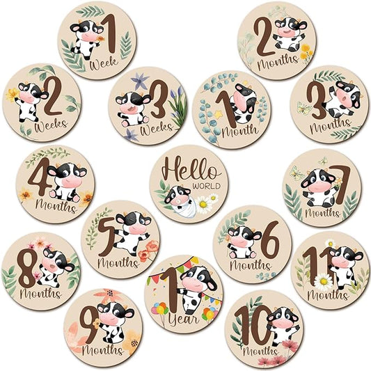Tiamon 16 Pieces Wooden Baby Monthly Milestone Cards Monthly Milestone Marker Discs Double Sided Wooden Circles Months Signs for Baby Shower Newborn Photo Props(Cow and Leaves)