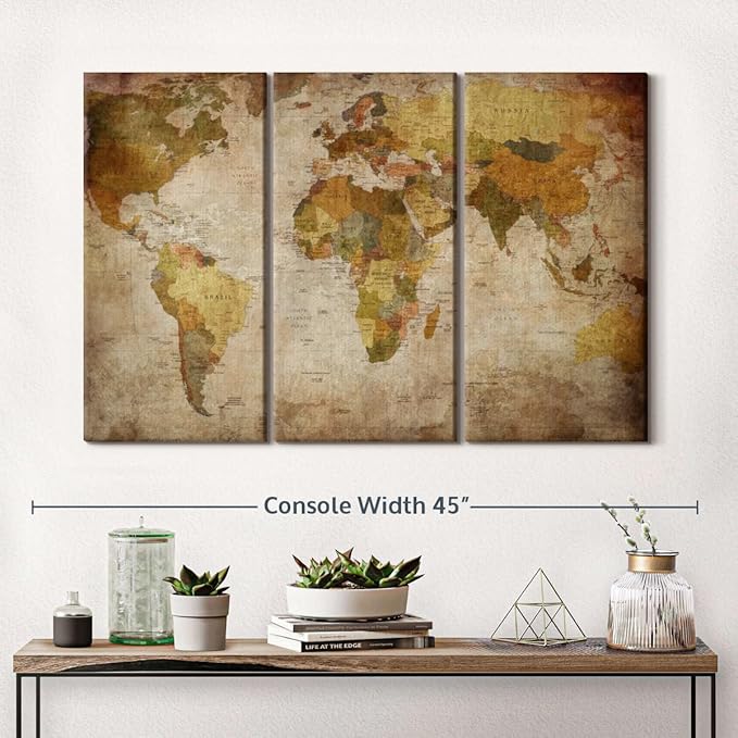 ElephantStock World Map Multi Piece Canvas - 3 Piece Canvas World Map Wall Decor - Wall Decor Ready-to-Hang Print - Vintage Wall Art - 38" X 24"