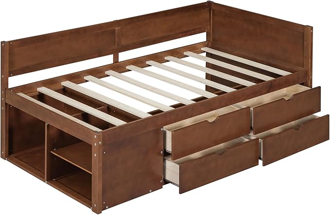Twin Size Daybed with 4 Storage Drawers and Shelves, Wooden Twin Platform Bed Frame with L-Shaped Headboard and Slats Support, Corner Bed Twin Captain Beds for Kids Boys Girls Teens, Walnut