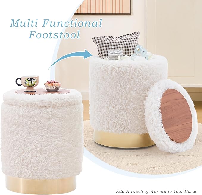 Mxfurhawa Velvet Storage Ottoman Multipurpose Footrest Stool with Metal Base Modern Round Vanity Stool Chair Ottoman Foot Stools Support 300 lbs Padded Seat for Living Room (White)