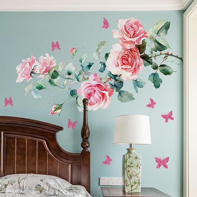 2Sheets Removable Pink Rose Vine Flowers Decals Green Leaves Decals DIY Pink Butterfly Wall Decal Self-Adhesive Wall Art Decor for Girls Room Living Room Bedroom TV Backdrop Decor