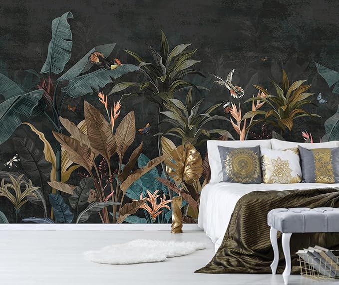 Dark Jungle Wallpaper Peel and Stick Tropical Plant Leaves Self Adhesive Mural for Living Room Bedroom 82"x57"