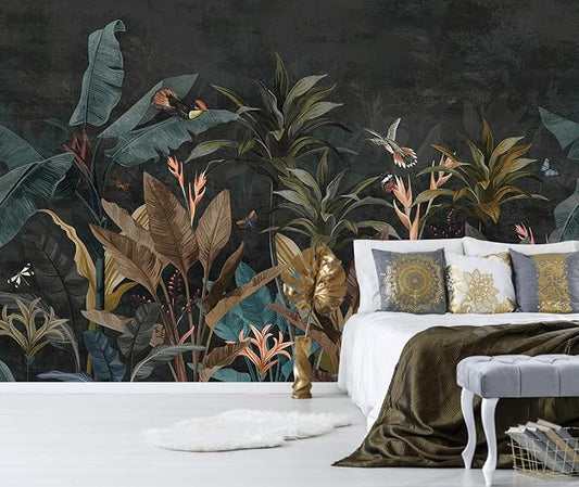 Dark Jungle Wallpaper Peel and Stick Tropical Plant Leaves Self Adhesive Mural for Living Room Bedroom 82"x57"