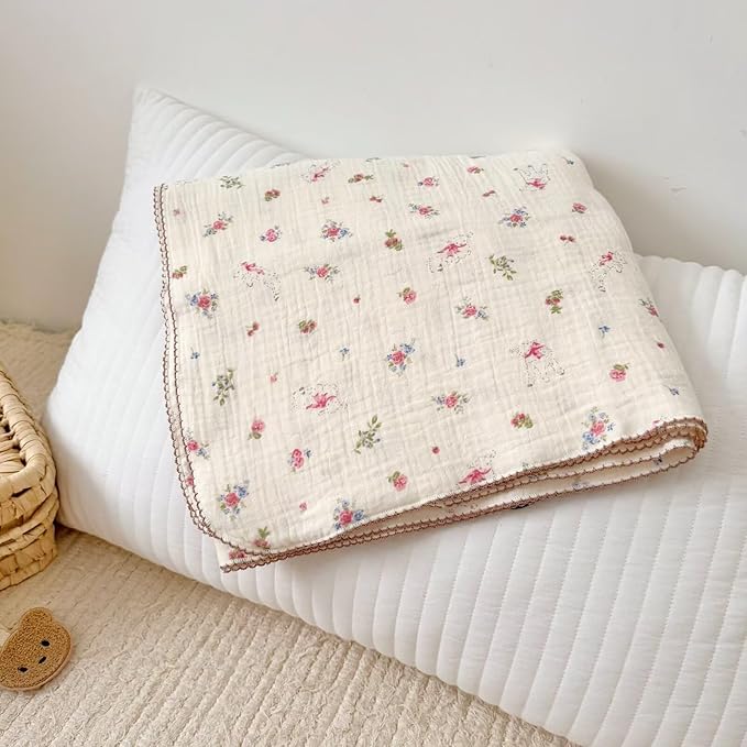 BuLuTu Muslin Cotton Baby Blanket, Cute Sheep Pink Floral Print, Large Crib Toddler Bed Blanket 47x51 Inch, Shabby Chic Style Nursery Blankets for Girls Boys, Soft Breathable