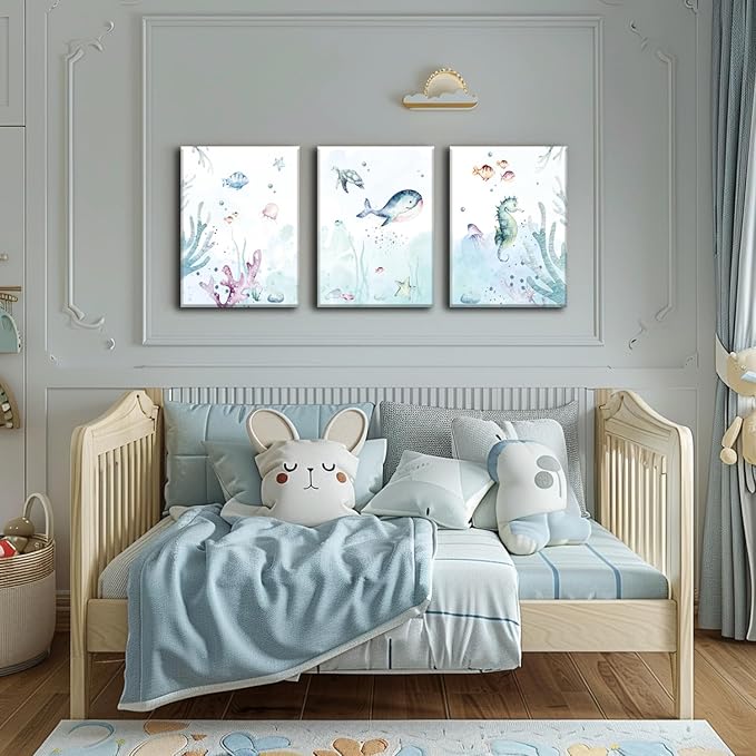 Wodkwq Ocean Nursery Decor, Set of 3 Boys Room Sea Animal Wall Art Picture Canvas Prints, 12x16 Inch Framed