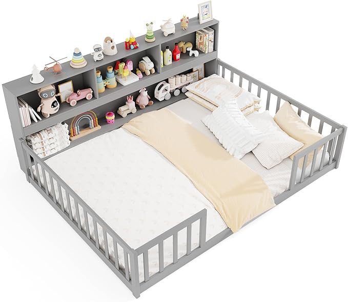 KOMFOTT Full Floor Bed with Bookcase & Shelves, Wood Bed Frame with Bedside Bookshelves & Guardrails, Versatile 2-in-1 Montessori Floor Bed for Kids (Grey)