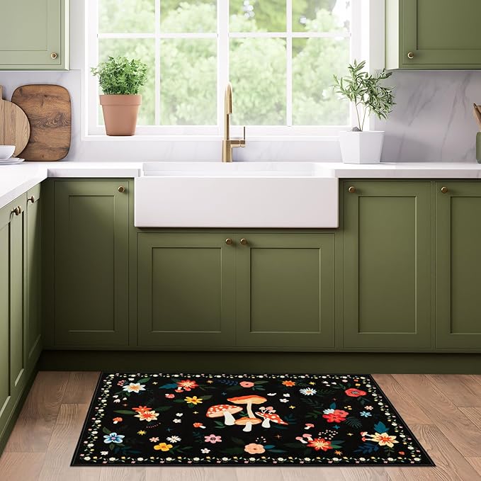 2x3 Machine Washable Area Rug, Non-Slip Small Vintage Floral Entryway Rug for Front Door, Low Pile Indoor Door Mat for Entryway, Bedroom, Dining Room & Kitchen(2x3 Black Mushroom)