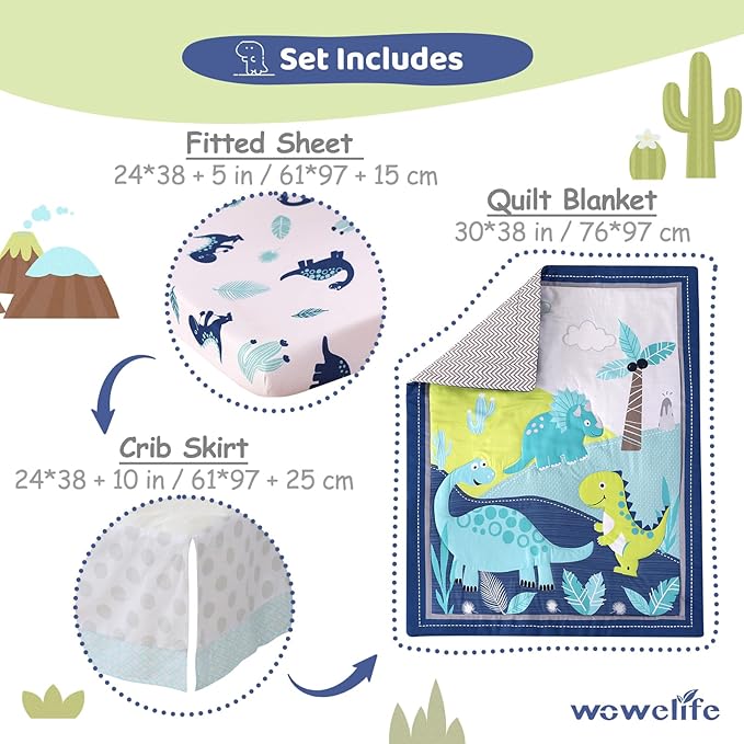 Wowelife Dinosaur Mini Crib Bedding Set for Boys Blue Premium 3-Piece Baby Bedding Sheet Set Dinosaurs Nursery Crib Set Crib Comforter Set Breathable and Soft for Baby