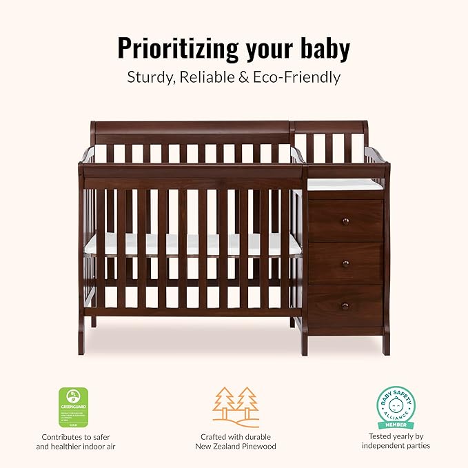 Dream On Me Jayden 4-in-1 Mini Convertible Crib And Changer in Espresso, Greenguard Gold Certified, Non-Toxic Finish, New Zealand Pinewood, 1" Mattress Pad