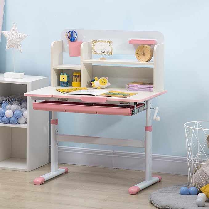 Qaba Wooden Kids Study Desk, Height Adjustable Children School Study Table, Student Writing Desk with Tilt Desktop, Drawer, Storage Shelf, Pen Holder, Pink