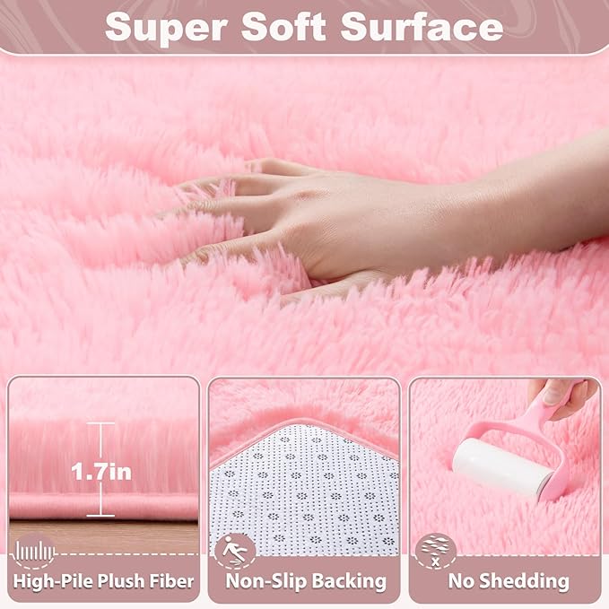 EVOIONOS Pink Hexagon Rug for Princess Tent, Fluffy Area Rug for Kids Room, 4x4.6 Feet for Girls Tent, Furry Soft Nursery Rug, Fuzzy Plush Carpet for Teen Girls Bedroom