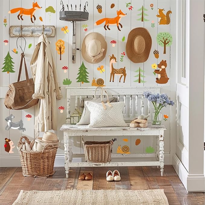 Woodland Forest Animals Wall Stickers – 80 Pcs Cute Deer, Fox, Bear & Tree Vinyl Decals, Removable Waterproof Nursery Wall Art Decor | A Simple Peel Creates a Cozy Nature Retreat (6 Sheets)