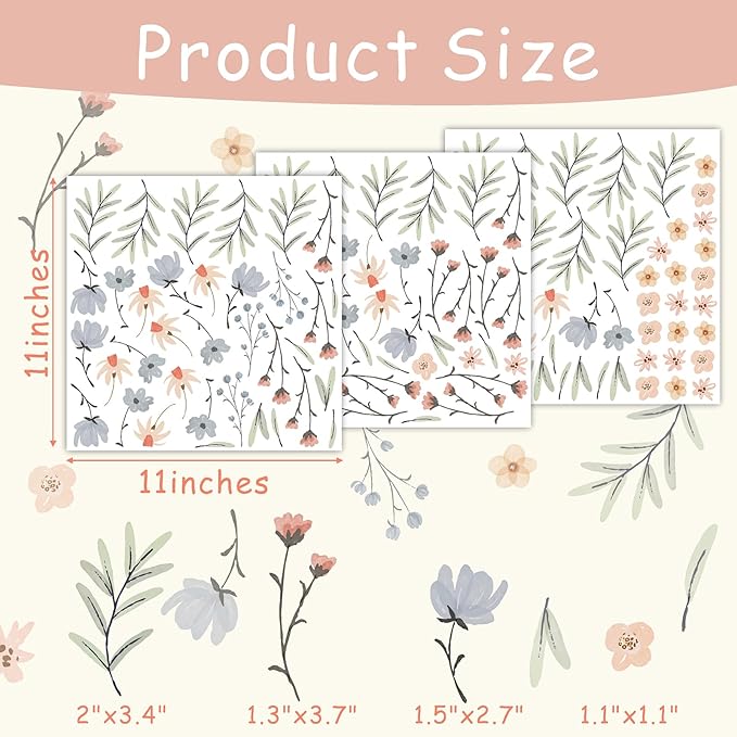 Boho Floral Wall Decals Small Flower Leaf Wall Sticker Botanical Plant Green Leaves Wall Decals Removable Tree Leaf Decal Boho Floral Stickers for Nursery Girls Room Bedroom Decor