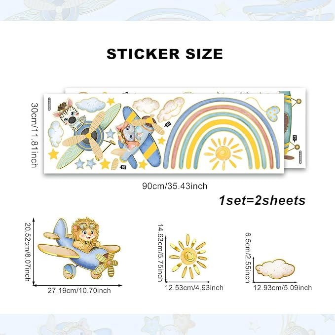 Animal Rainbow Wall Stickers Airplane Animals Wall Decals Stars & Clouds Peel and Stick Decal for Kids Rooms Nursery Playroom Walls (Rainbow Airplane)