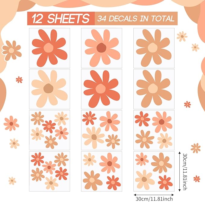 TaoBary 12 Sheets Daisy Wall Decal Flower Wall Sticker Cute Daisy Sticker Pink White Flower Decal Peel and Stick Floral Wallpaper for Nursery Bedroom Home Decor(Orange,Colorful Style)