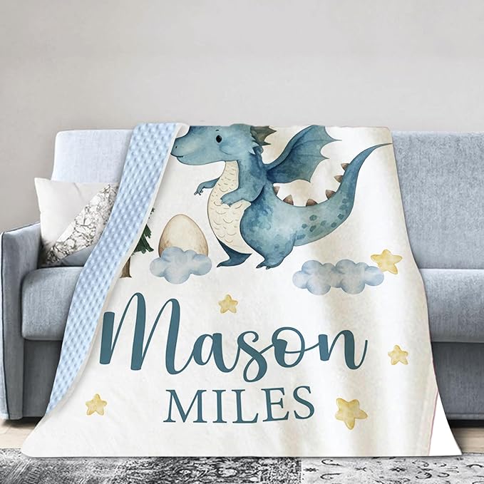 Personalized Baby Blankets for Boys Girls, Custom Name Blue Dinosaur Baby Blanket, Soft Receiving Blanket for Newborns and Toddlers, Ideal for Baby Showers and Nursery Decor