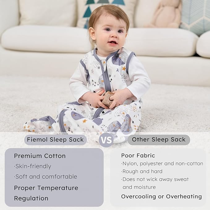 Baby Sleep Sack 18-24 months, 100% Cotton Sleeping Sack for Newborn and Infant, 3 Pack Baby Wearable Blanket for Boy and Girl, 0.5 Tog Lightweight Double Zipper Sleep Bag Grey Moon Bear