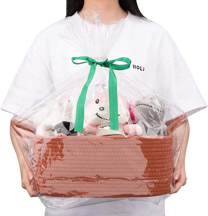 OIAHOMY Woven Basket, Gift Basket Empty with Gift Bags and Ribbons, Rope Baskets for Baby Showers, Storage Baskets with Handles for Nursery, Pet Toy Organizer - Rust Red