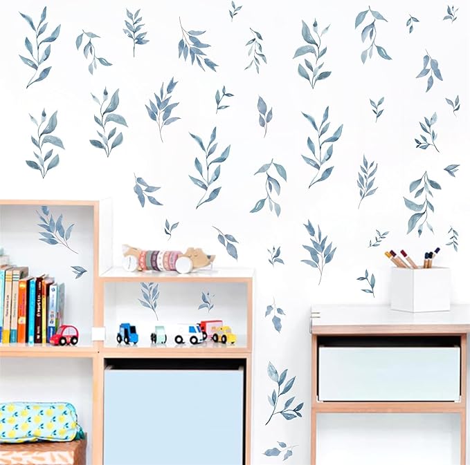 Watercolor Leaves Wall Stickers Blue Country Leaf Wall Decals Peel and Stick Small Tree Leaf Wall Stickers Removable Botanical Plant Leaves Wall Decals for Bedroom Living Room Decor