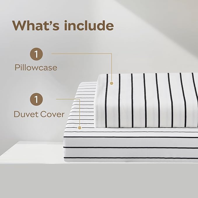 JELLYMONI 100% Natural Cotton 2pcs Striped Duvet Cover Sets, White Duvet Cover with Thin Black Stripes Pattern Printed Comforter Cover, with Zipper Closure & Corner Ties(Twin Size)