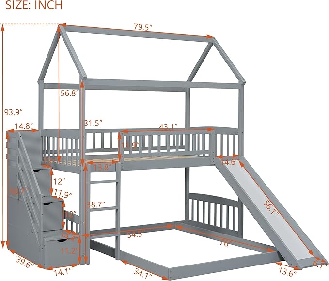 MERITLINE Twin Over Full L Shaped Bunk Bed for 2,Solid Wood House Floor Bunk Bed with Slide and Storage Stairs,No Box Spring Needed (Grey)