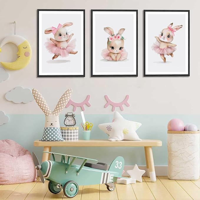 3 Pcs Pink Bunny Wall Art for Nursery Baby Room Cute Posters Prints Wall Decor Pictures Pink Preppy Dress Rabbit Ballet Artwork Canvas Paintings for Girls Room Bedroom Hone Decoration Unframed