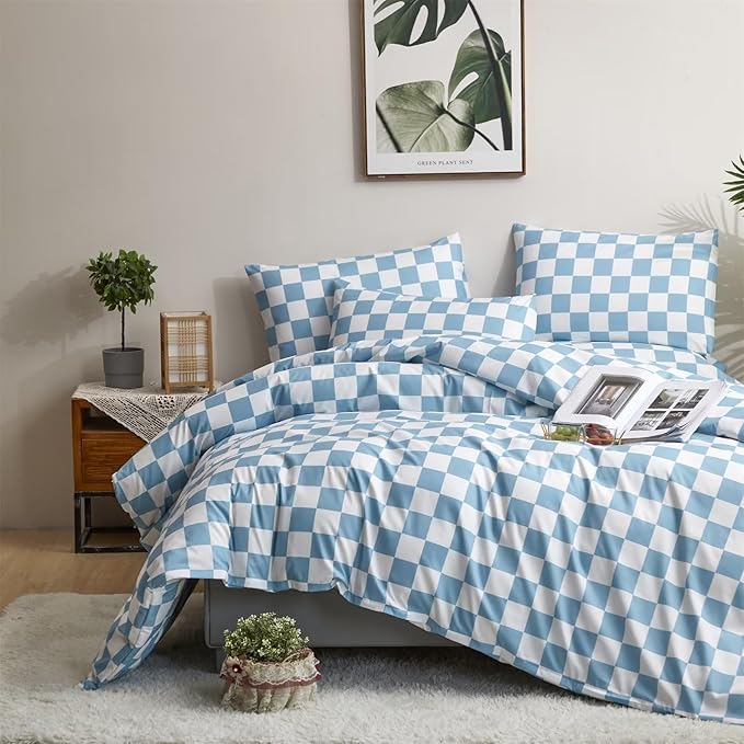 Houseri White Blue Plaid Duvet Cover King Light Blue Buffalo Checkered Bedding Duvet Cover King Size Women Men Modern Aqua Blue Checkerboard Water Blue Gingham Bedding Sets King Comfy Soft 3 Pcs