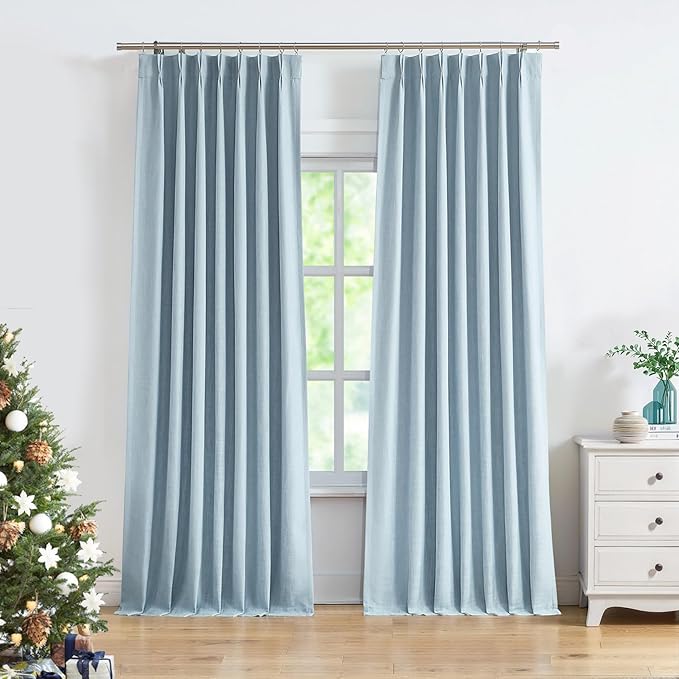 Central Park Dusty Blue Pinch Pleat Full Blackout Curtain Panel 112 Inches Long Thermal Insulated Drapery with Blackout Liner for Farmhouse Bedroom Window Treatment Sets with Hooks, 40"x112"x2