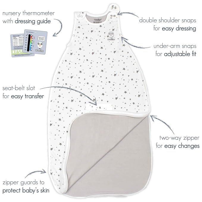 Woolino Merino Wool and Organic Cotton Ultimate Sleep Sack - 4 Season - Two-Way Zipper Adjustable Sleeping Bag - Universal Size Sleep Sack for Baby (2-24 Months) - Star Gray