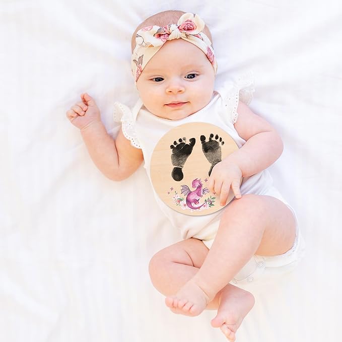 R HORSE Baby Birth Announcement Sign with Marker Pen, Pink Dragon Baby Name Sign with Ink Pad for Hand and Footprints, Wooden Hello World Newborn Announcement Nursery Decor Keepsake Gifts