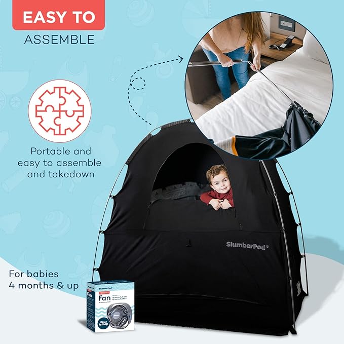 SlumberPod with Fan The Original Blackout Sleep Tent Travel Essential for Baby and Toddlers, Mini Crib and Pack n Play Cover, Sleep Pod with Monitor Pouch and Fan Pouch, Blocks 95%+ Light, Black