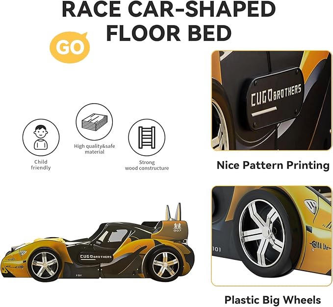 Twin Bed Frames for Kids, Cartoon Dog Race Car Bed Wooden Platform Bed Frame with LED Lights, Twin Size Chidren Bed Frame with Wood Slat Support, Fits Standard Mattres (Black Yellow)