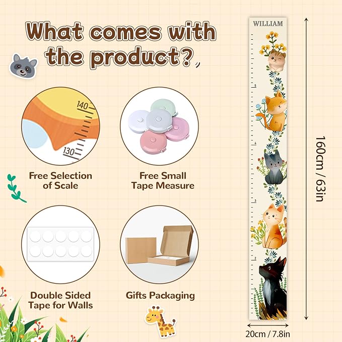 Personalized Growth Chart for Wall, Five Kittens Height Growth for Kids, Wooden Name Ruler for Nursery and Playroom, Baby Shower Gift 63" x 7.8"