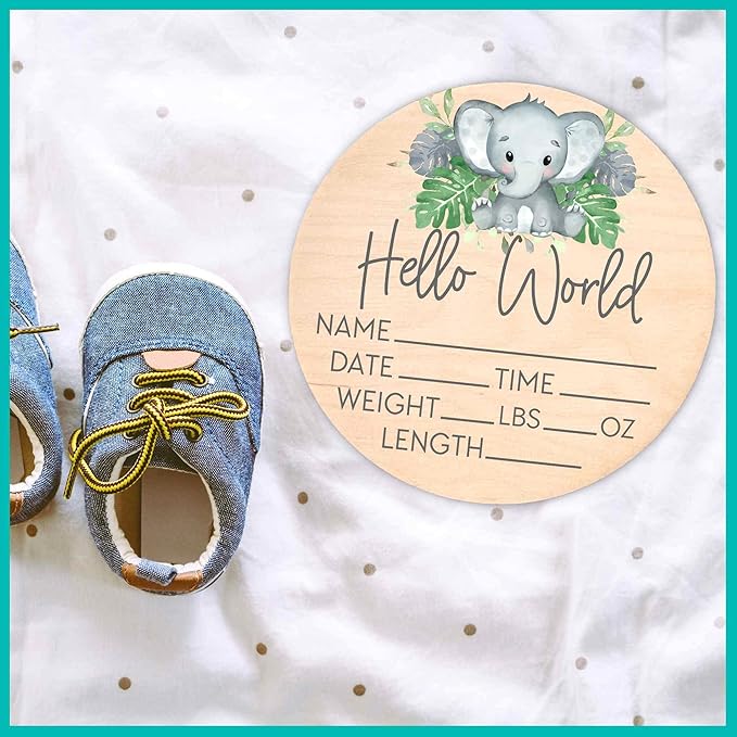 Birth Stat Sign for Newborn - Baby Name Announcement - Hello World Elephant Hospital Photography Prop - Jungle Safari