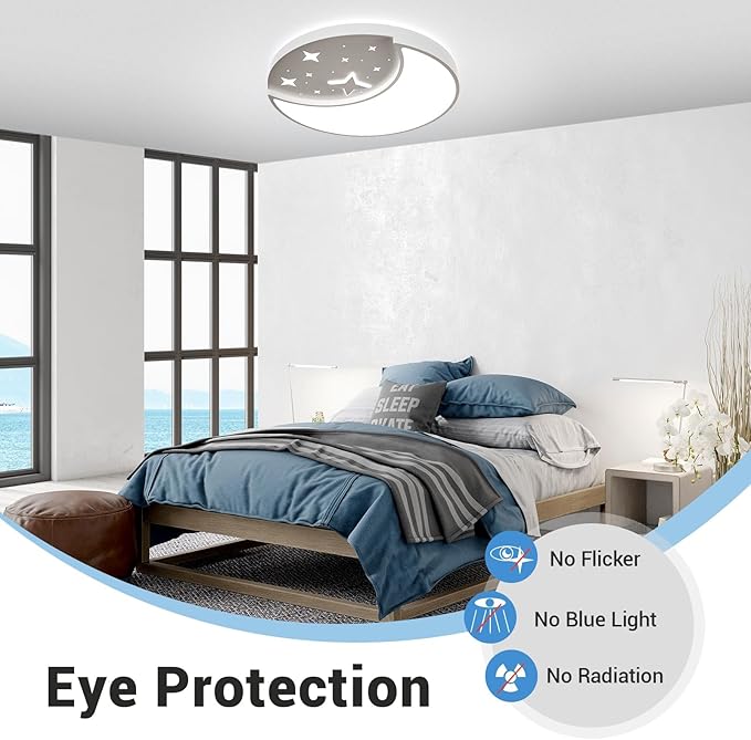 12 Inch Ceiling Light Fixtures, Creative Moon & Star Bedroom Ceiling Lights, 3 Color Temperature Selectable, Dimmable Ceiling Lights for Bedroom,Kids Room Kitchen Dining Room，Round White