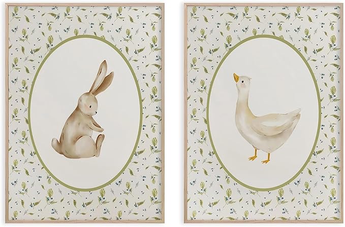 Vintage Nursery Wall Art Kid's Room Wall Decor Animal Picture Farmhouse Poster Baby Room Poster Cute Goose and Bunny Picture Set Of 2 Rabbit Duck Prints 12x16 Inch UnFramed for BedRoom Children's Room