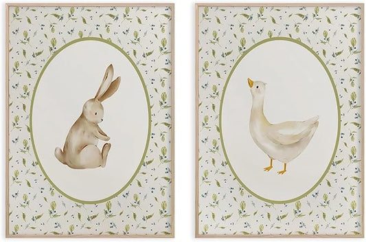 Vintage Nursery Wall Art Kid's Room Wall Decor Animal Picture Farmhouse Poster Baby Room Poster Cute Goose and Bunny Picture Set Of 2 Rabbit Duck Prints 12x16 Inch UnFramed for BedRoom Children's Room