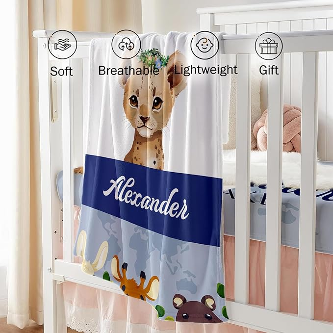 Custom Baby Crib Bedding Set - Blue Leopard Design Personalized Name Baby Nursery Bedding 3 Pcs Set - Chic Soft Blanket, Fitted Sheet, Room Rug for Newborns Boys Girls Gifts
