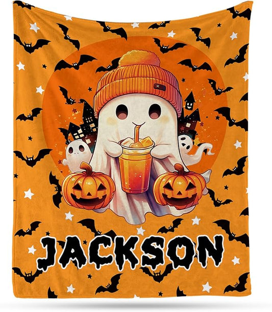 Ship Next Day, Custom Halloween Blanket - Printed in USA, Personalized Baby Blankets with Name, Gift for Kids Boys Girls, Unique Present for Birthday, Christmas, Halloween Bats Toddler Blanket