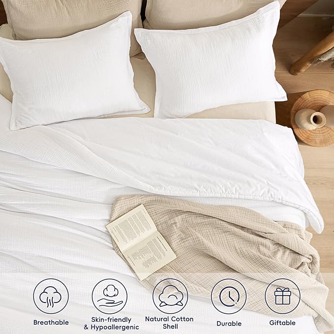 PHF Cotton Muslin Comforter Set Queen Size, Ultra Soft, Breathable & Lightweight All-Season Bedding, Filling: 100% Polyester, 3 Pieces with 1 Comforter 90"x90" and 2 Pillow Shams 20"x26", White
