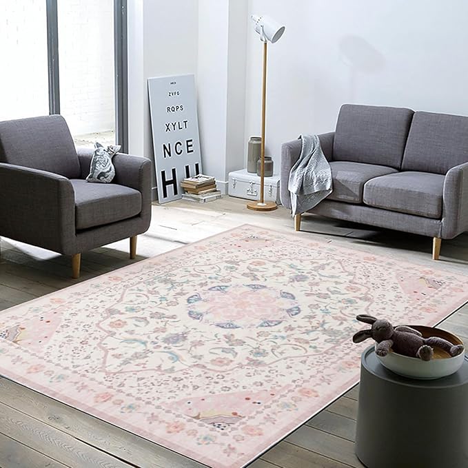 Area Rug - Vintage 3x5 Non-Slip Backing Area Rugs Light Pink Soft Faux Wool Carpet Foldable & Machine Washable Rugs for Living Room Bedroom Dining Room Nursery Home Office