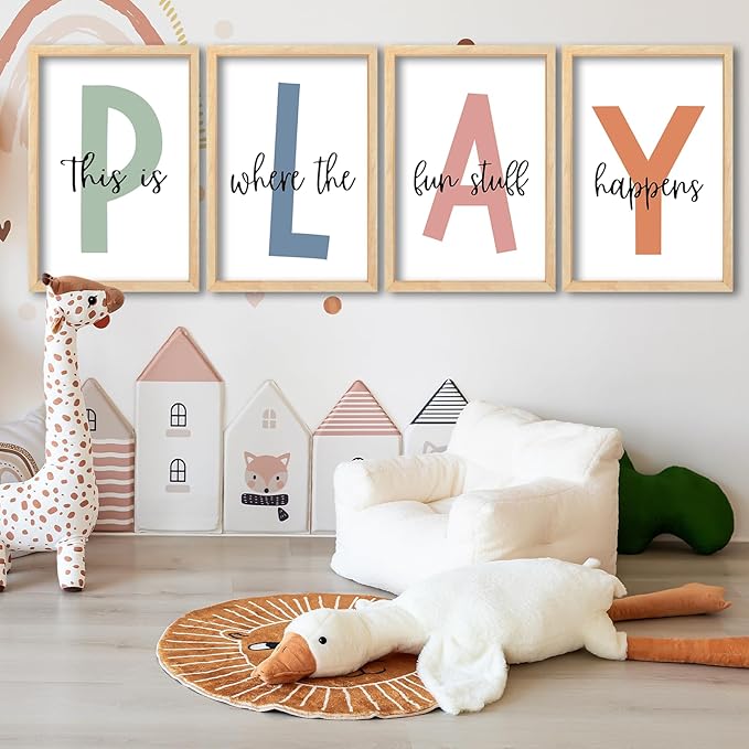 Surfapans Nursery Playroom Wall Decor 24"×16" Set of 4 This Is Where The Fun Stuff Happens Play sign Wooden Framed for Children's Room Wall Hanging Art (Wood)