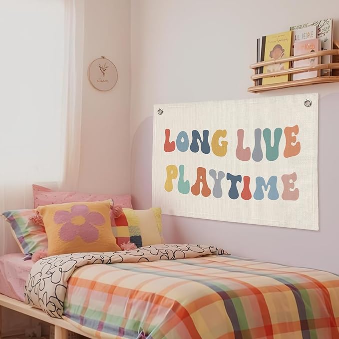 Playroom Decor, Long Live Playtime Banner, Boho Rainbow Linen Banner Wall Hanging Banner Flag Decor for Toddler Boy Kids Room Nursery Playroom