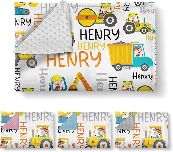 Personalized Baby Blankets for Boys, Custom Name Blanket Birthday Gift for Kid, Soft Flannel Blanket with Dotted Backing for Infants Toddlers, Customized Gifts, Yellow Truck(60" x80)
