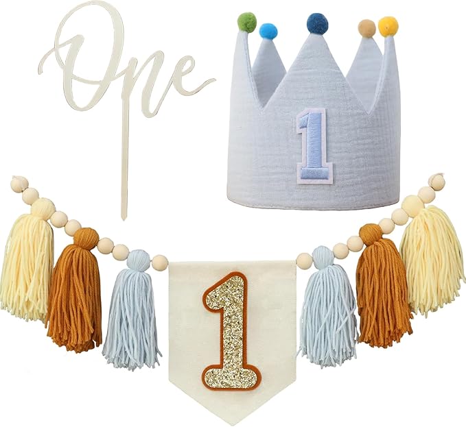 Baby 1st Birthday Party Decorations For Handmade Blue Tassel Garland Highchair Banner With Cake Topper Crown Hat